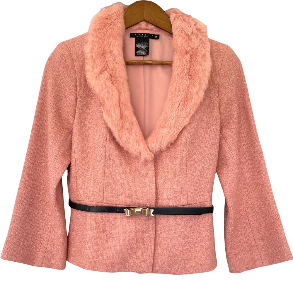 Laundry By Shelli Segal Pink Tweed Rabbit Fur Jacket Vintage 90s Women’s Size 6